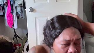 ebony babe licks balls sloppy blows big black cock to facial