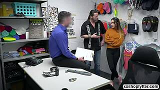 Sera kneels sucking shoplifter's throbbing cock