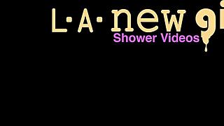 pretty blonde model showers after photoshoot