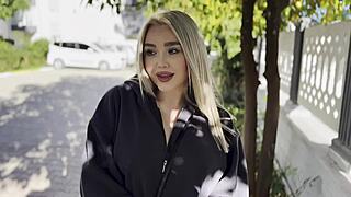 Blonde Big Tits Slut Flashes Juicy Pussy on Street First Date Then Rides Rough