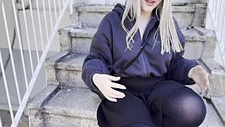 Blonde Big Tits Slut Flashes Juicy Pussy on Street First Date Then Rides Rough