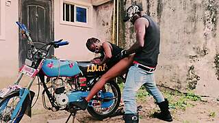 STANDING BIKE FUCK! Petite Biker Gangster Pounds Her In Public Garage!