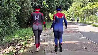 Dude my friend's girlfriend in spider woman costume begs for anal pounding outdoors with squirting orgasm