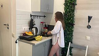 Skinny Brunette Teen Masturbates Kitchen Counter with Banana Dildo Moaning Pretty Young