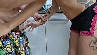 Servant girl does everything in kitchen flashing tits pussy and fucking hard