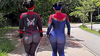 Dude my friend's girlfriend in spider woman costume begs for anal pounding outdoors with squirting orgasm