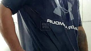 masked stud showers and toys his cock till explosive cumshot