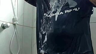 masked stud showers and toys his cock till explosive cumshot