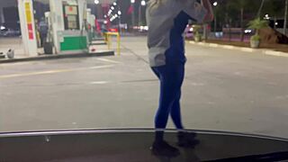 frentista bends over for bareback bbc pounding at gas station