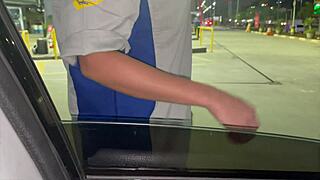 frentista bends over for bareback bbc pounding at gas station