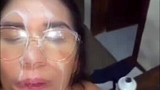 husband watches wife take big cock cumshot facial swallow cuckold style