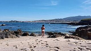 Curvy Nudist Flaunts Hairy Pussy On Beach