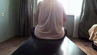 Chubby milf teases with saggy big boobs backstage