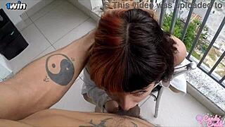 husband barebacks and creampies wife's tight ass right after balcony breakfast