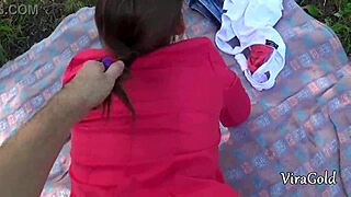 Chubby teen's wet pussy creampied during forest picnic fuck