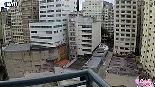 husband barebacks and creampies wife's tight ass right after balcony breakfast