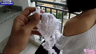 husband barebacks and creampies wife's tight ass right after balcony breakfast