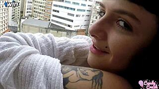 husband barebacks and creampies wife's tight ass right after balcony breakfast