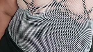 chubby mature bbw in fishnets shows huge natural tits and shaved fat pussy