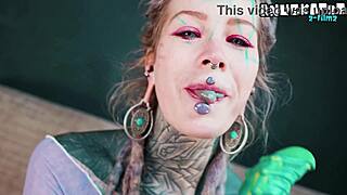 Hippy tattooed girl self-fucks gaping asshole with huge dildo