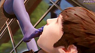 Widowmaker's feet trampled publicly outdoors in 3D cartoon