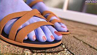 Widowmaker's feet trampled publicly outdoors in 3D cartoon