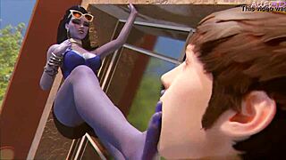 Widowmaker's feet trampled publicly outdoors in 3D cartoon