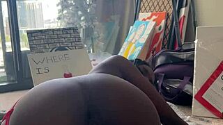 ebony babe's tight pussy lips stretched by relentless fuck machine