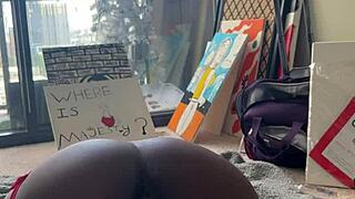 ebony babe's tight pussy lips stretched by relentless fuck machine