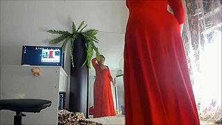 i love chilling at home, posing nude or teasing upskirt in my long red dress mirror play