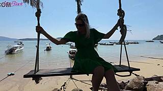 heart racing as this cute blonde milf buzzes wildly on beach walk panties soaked