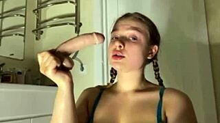 Sloppy deepthroat blowjob cumshot facial on fat blonde tits