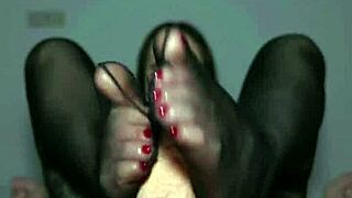 Cute Babe's Black Pantyhose Footjob Ends in Cum-Covered Toes