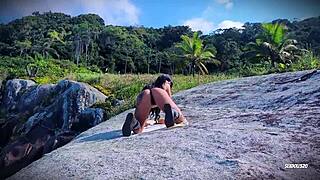 biker girl goes crazy deepthroat assfucking on beach with toys