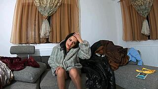 Milfy Calla teases in fur coats and shiny outfits close-up