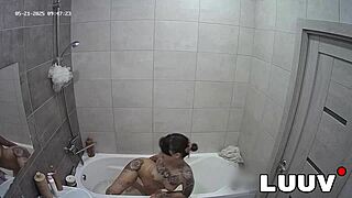 Luuv Tattooed Emily's Private Amateur Show Flashes Tits in Bathroom
