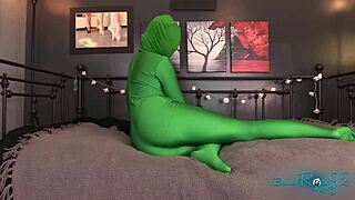 Tight Hooded Milf Encased in Full Body Green Zentai Spandex