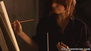 Redhead babe rips clothes, spreads shaved puffy pussy lips up close