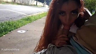 risky public handjob for hot redhead babe on bus street corner