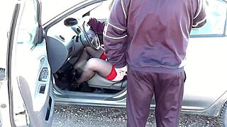 sexy blonde milf flashes hairy pussy no panties driving stockings heels public