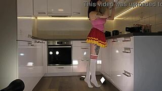 Cheerleader's See-Through Panties Tempt in Kitchen. Tattooed Redhead's Knee Socks Hide Nothing