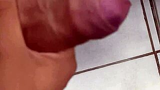 Hubby jerks off hot in work bathroom cuckold style solo fun