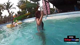 cute thai teen girlfriend takes creampie cumshot after pool fun