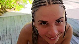 Flirty beach beauty strips naked at my villa for deepthroat blowjob and cumshot finish