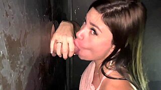 First gloryhole visit leads to brazilian wife sucking stranger's cock while husband watches