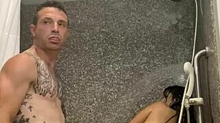 barbie's fat ass bounces wildly on monster cock as couple fucks hard in steamy shower