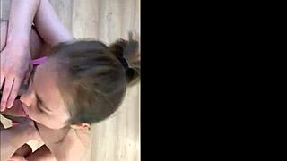 brunette teen sucks swallows homemade cock pov