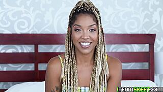 😏 ebony teen 18+ bends over to show off her sloppy blowjob skills on black cock