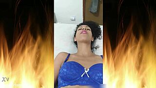 check out this beautiful curly brunette housewife flashing her juicy shaved pussy in blue lingerie close up