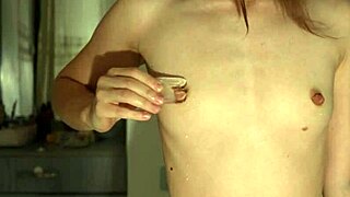 Skinny brunette with small tits fingers to wet orgasm close-up